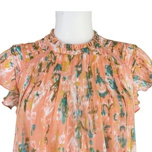 Nanette LePore Blouse Top High Ruffle Collar Flutter Cap Sleeve Keyhole Medium.